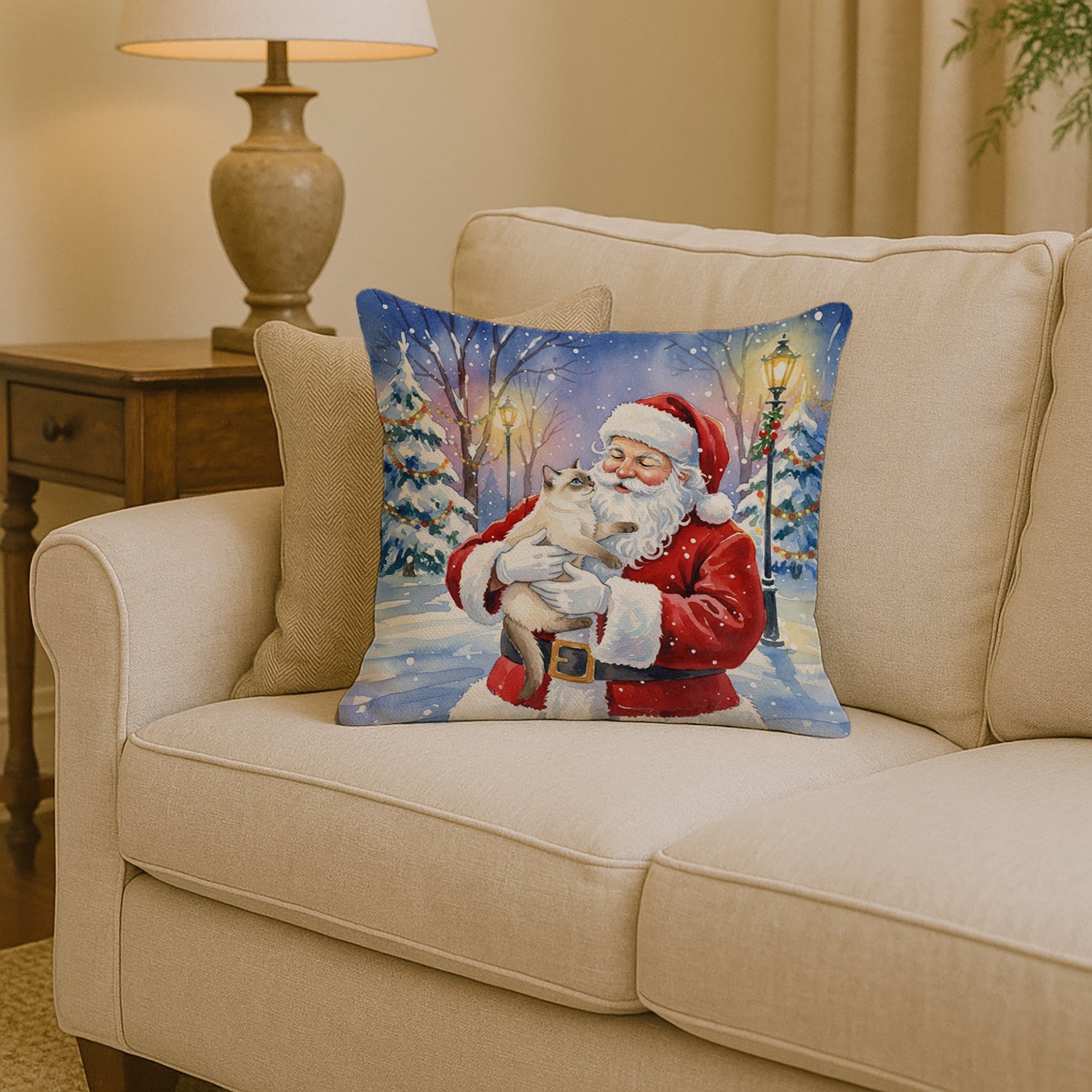 Cream Point Cat with Santa Claus Decorative Throw Pillow 14x14 Indoor Outdoor Accent Cushion, Fabric Cover with Insert for Sofa, Bed, Porch & Living Room