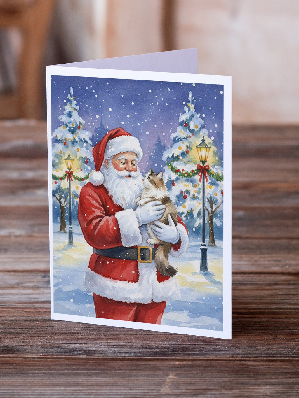 Cymric Cat with Santa Claus Greeting Cards Pack of 8 Blank Cards with Envelopes Whimsical A7 Size 5x7