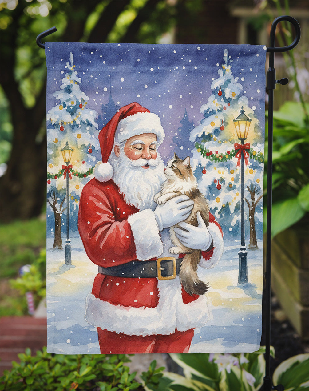 Cymric Cat with Santa Claus Garden Flag Mailbox Decorative Yard Banner Outside Patio Artwork for Flower Beds, Garden Size, Multicolor