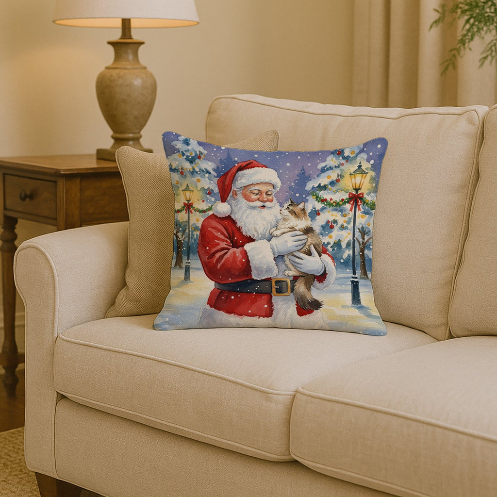 Cymric Cat with Santa Claus Decorative Throw Pillow 14x14 Indoor Outdoor Accent Cushion, Fabric Cover with Insert for Sofa, Bed, Porch & Living Room