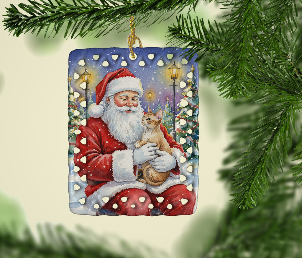 Devon Rex Cat with Santa Claus Porcelain Ornament Christmas Tree Hanging Decorations for Home Christmas Holiday, Rectangle, Gift, Multicolor