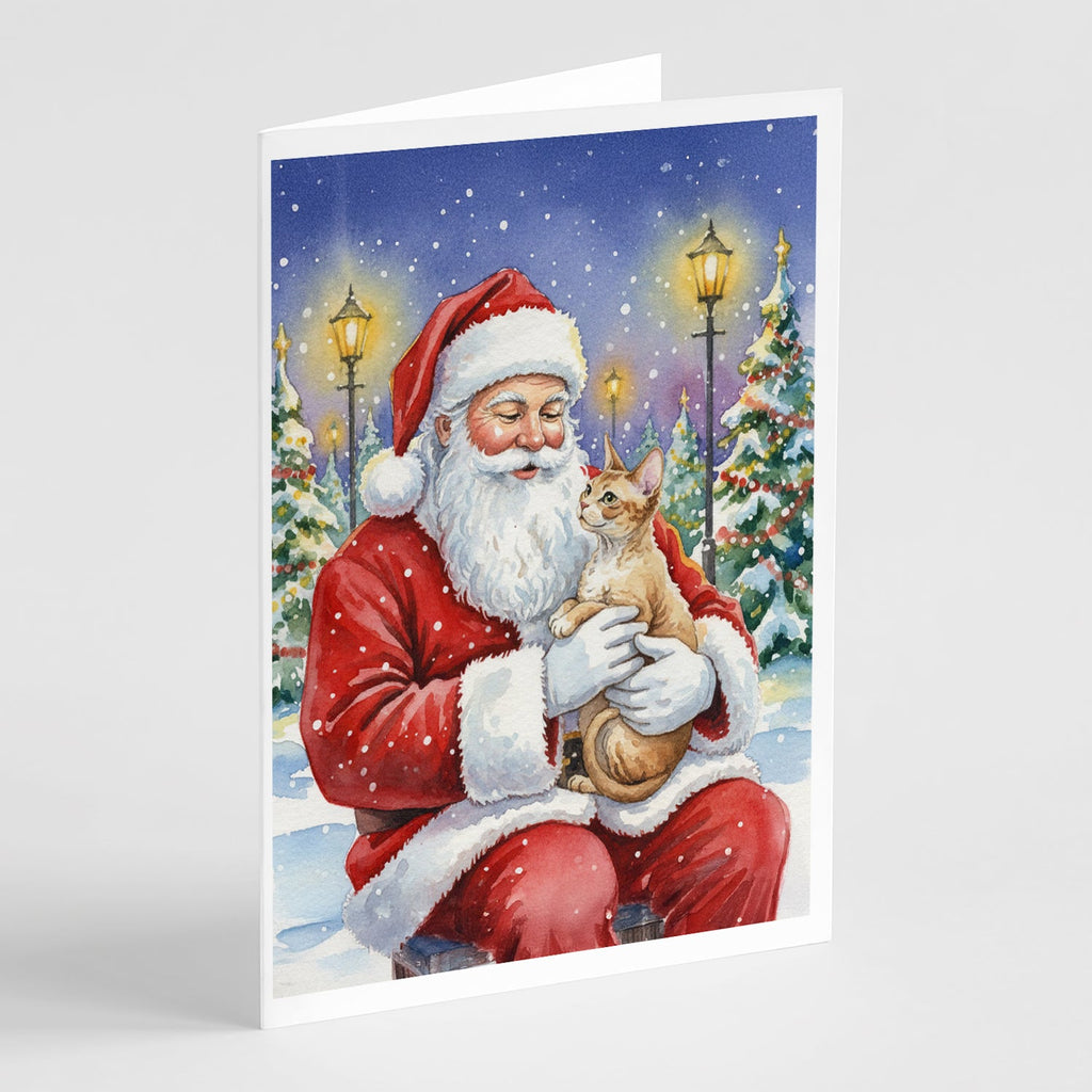 Devon Rex Cat with Santa Claus Greeting Cards Pack of 8 Blank Cards with Envelopes Whimsical A7 Size 5x7