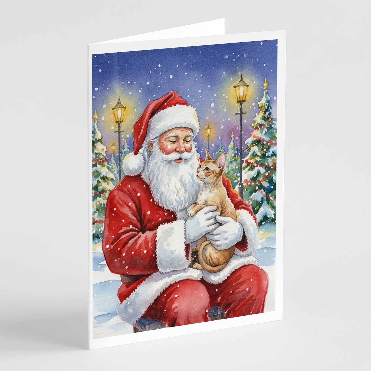 Devon Rex Cat with Santa Claus Greeting Cards Pack of 8 Blank Cards with Envelopes Whimsical A7 Size 5x7