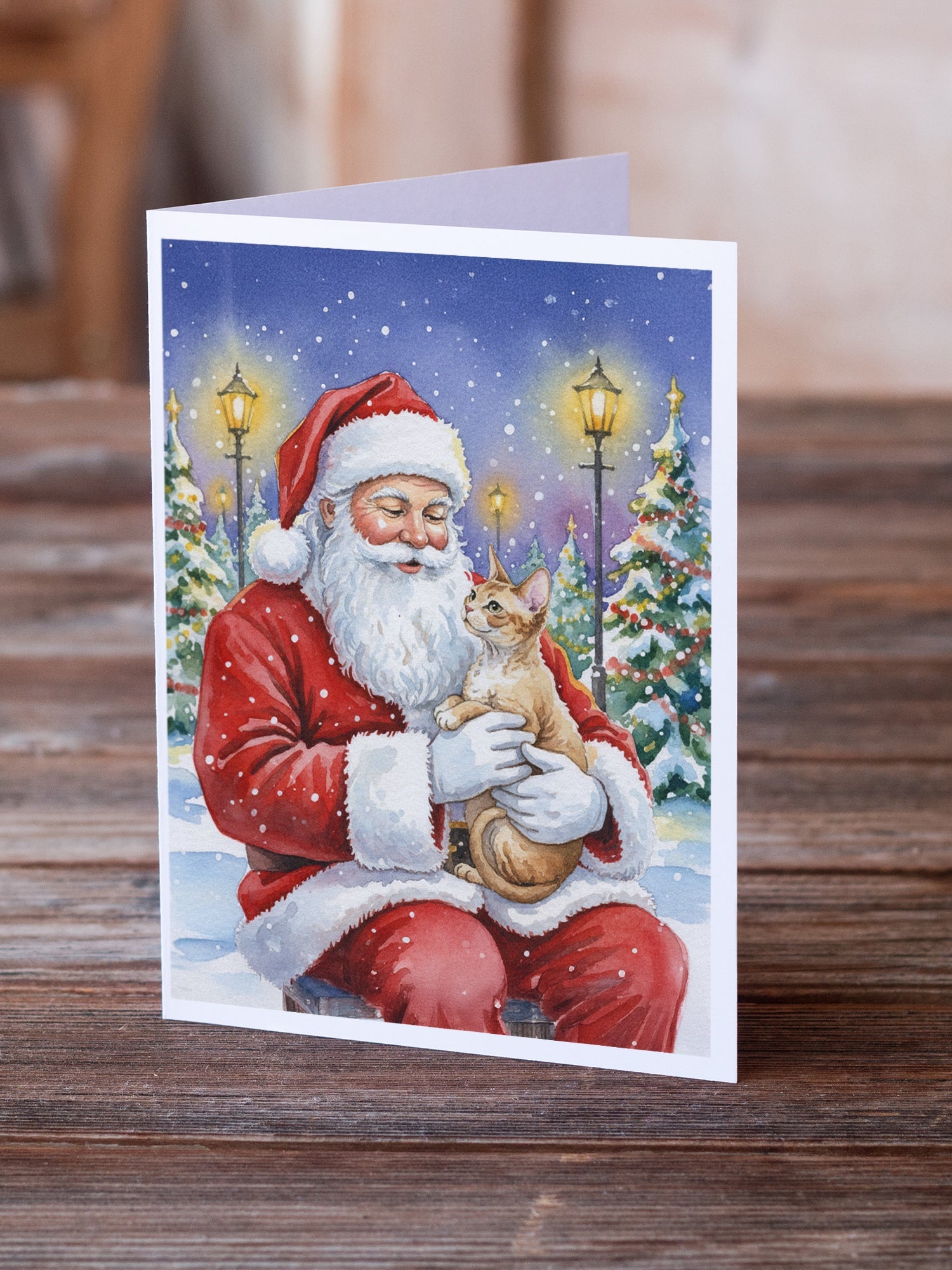 Devon Rex Cat with Santa Claus Greeting Cards Pack of 8 Blank Cards with Envelopes Whimsical A7 Size 5x7