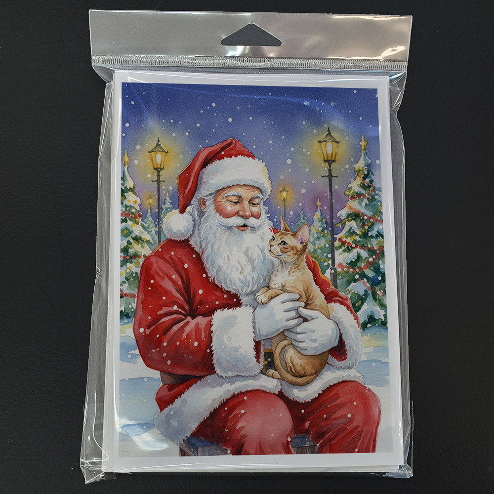 Devon Rex Cat with Santa Claus Greeting Cards Pack of 8 Blank Cards with Envelopes Whimsical A7 Size 5x7