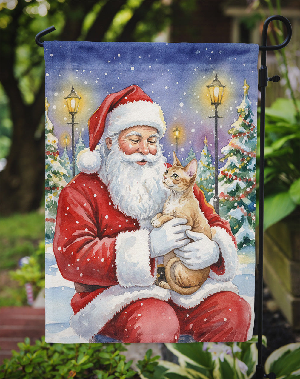 Devon Rex Cat with Santa Claus Garden Flag Mailbox Decorative Yard Banner Outside Patio Artwork for Flower Beds, Garden Size, Multicolor