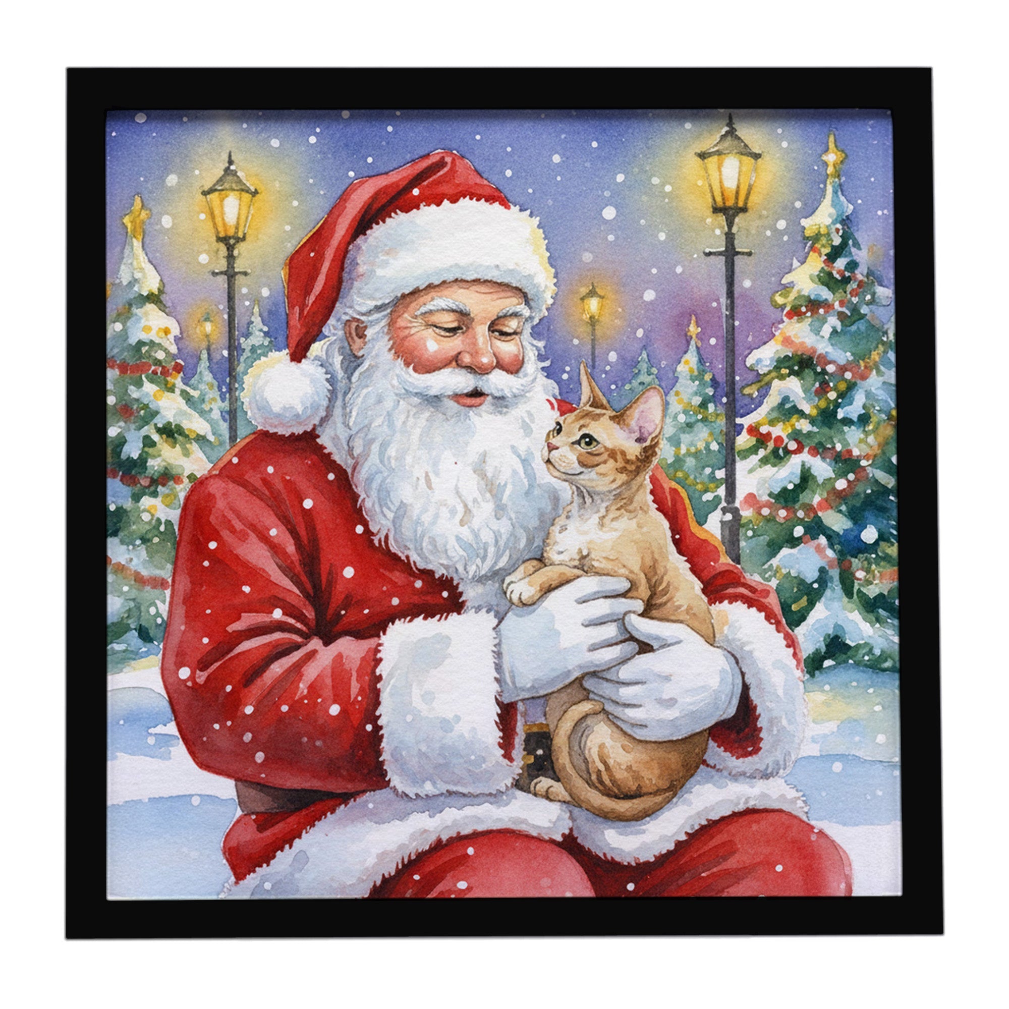 Devon Rex Cat with Santa Claus Framed Metal Print Bathroom, Kitchen, Office, Home Decor Wall Art Ready to Hang, Square, 8X8