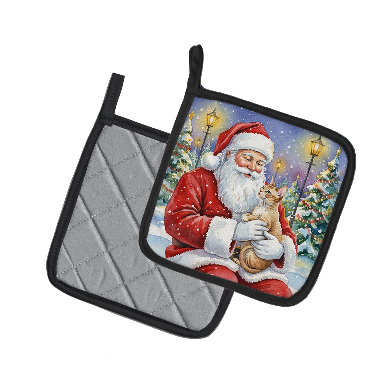 Devon Rex Cat with Santa Claus Pot Holder Set of 2 Heat Resistant Quilted Hot Pads 7.5 x 7.5 Inch, Insulated Kitchen Trivets for Cooking & Baking