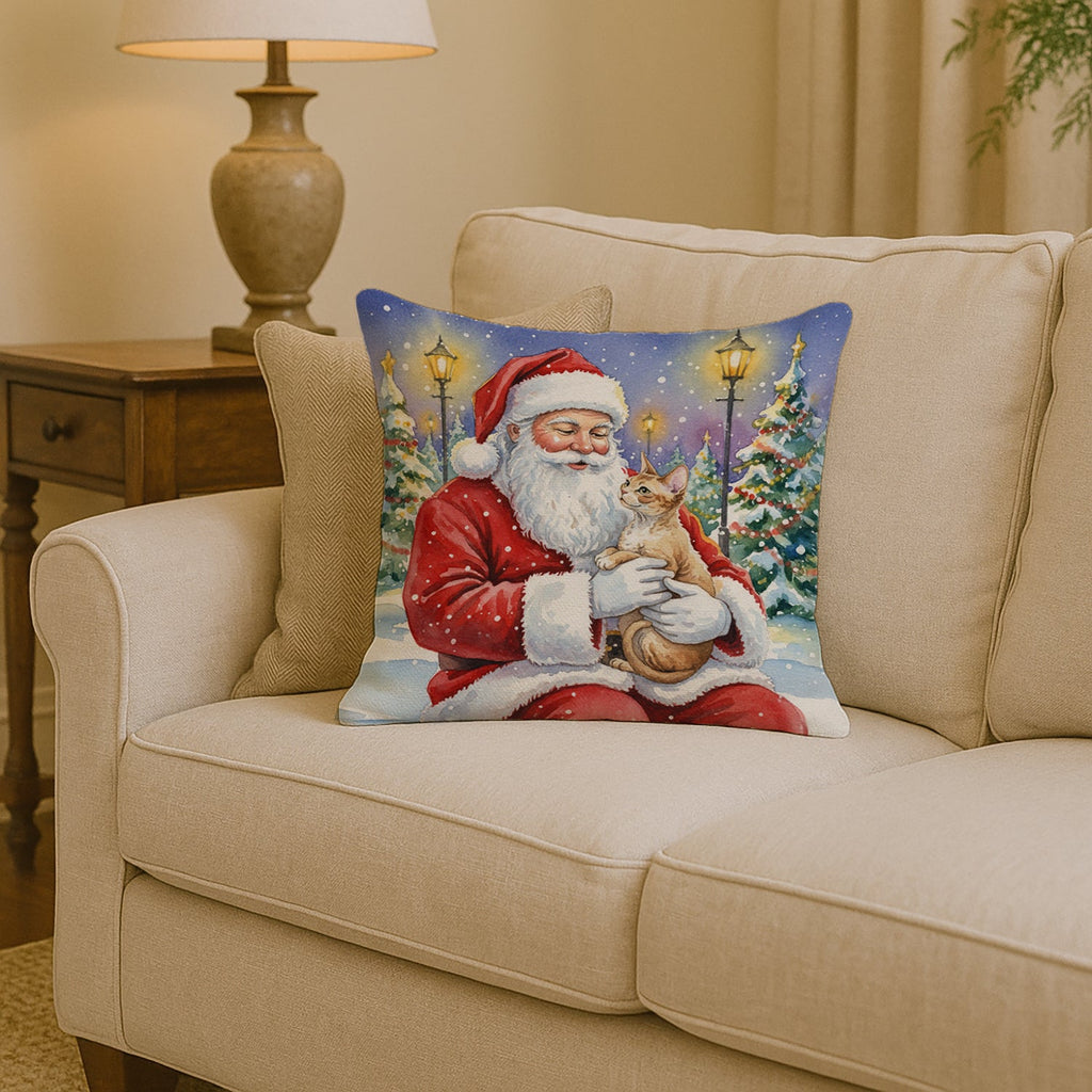 Devon Rex Cat with Santa Claus Decorative Throw Pillow 14x14 Indoor Outdoor Accent Cushion, Fabric Cover with Insert for Sofa, Bed, Porch & Living Room