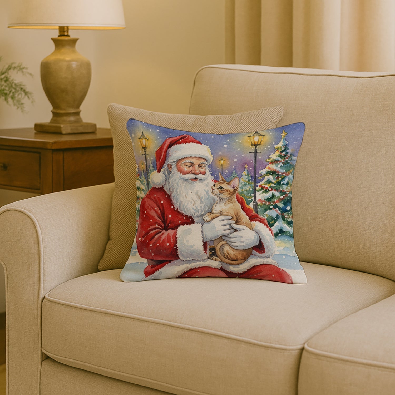 Devon Rex Cat with Santa Claus Decorative Throw Pillow 18x18 Indoor Outdoor Accent Cushion, Fabric Cover with Insert for Sofa, Bed, Porch & Living Room