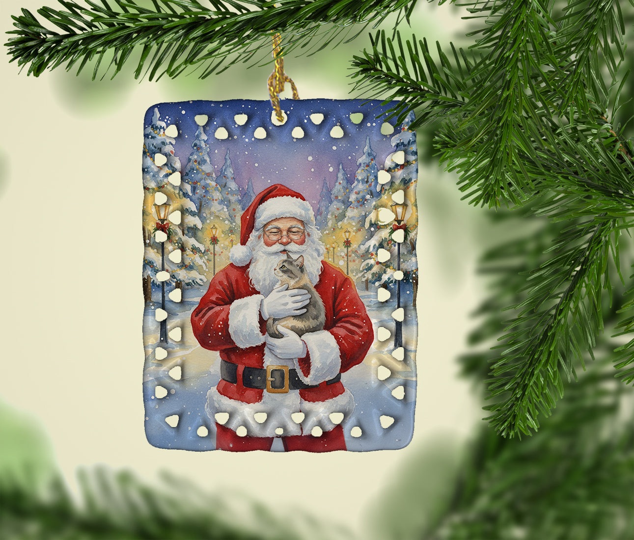 Dilute Tortoiseshell Cat with Santa Claus Porcelain Ornament Christmas Tree Hanging Decorations for Home Christmas Holiday, Rectangle, Gift, Multicolor
