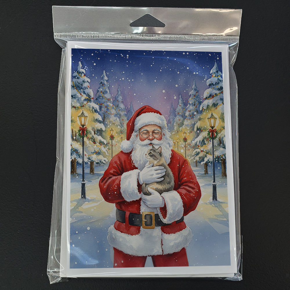 Dilute Tortoiseshell Cat with Santa Claus Greeting Cards Pack of 8 Blank Cards with Envelopes Whimsical A7 Size 5x7