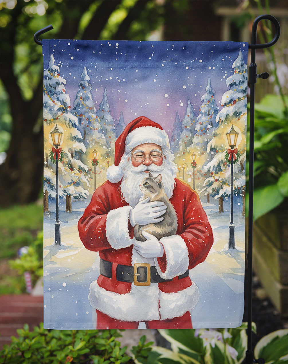 Dilute Tortoiseshell Cat with Santa Claus Garden Flag Mailbox Decorative Yard Banner Outside Patio Artwork for Flower Beds, Garden Size, Multicolor