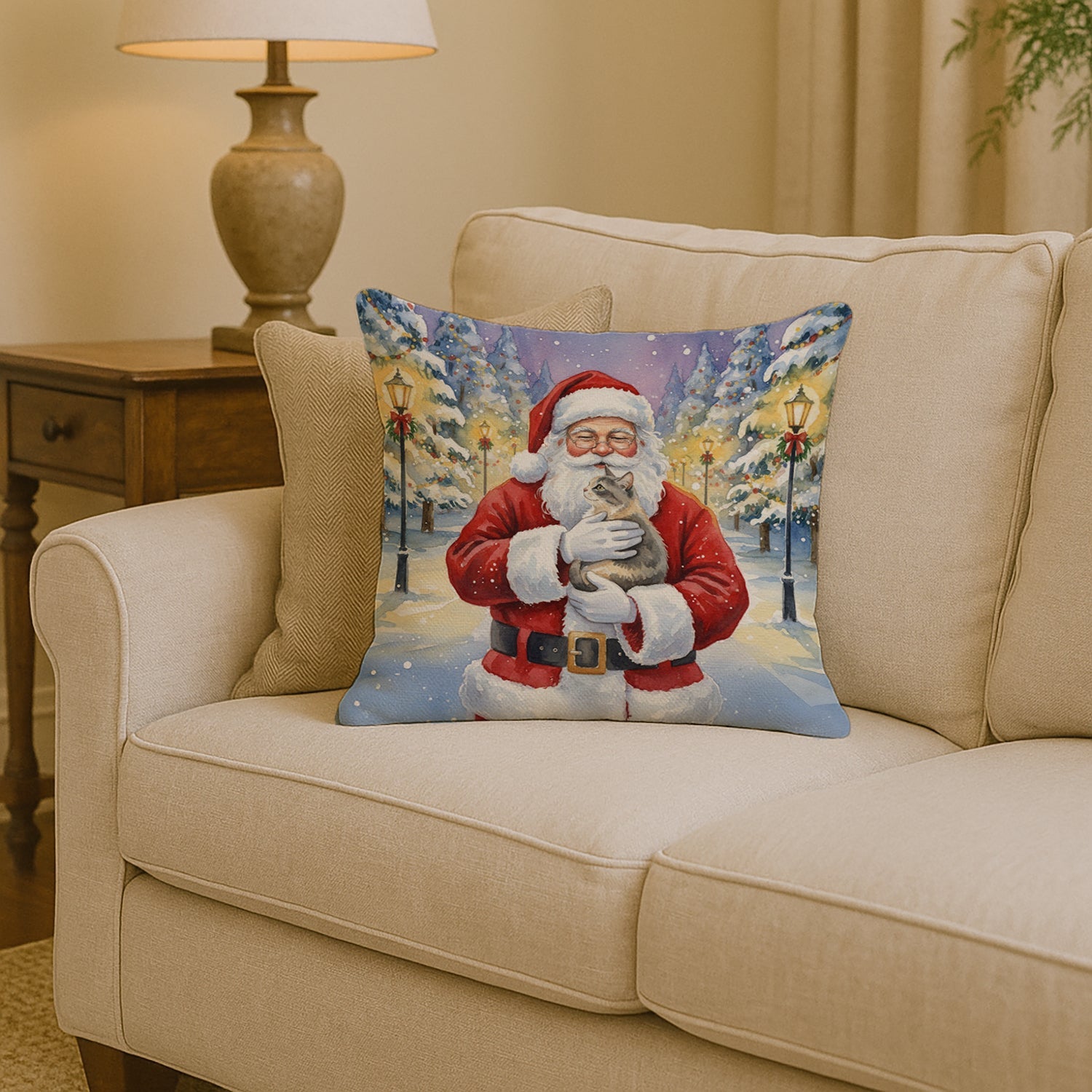 Dilute Tortoiseshell Cat with Santa Claus Decorative Throw Pillow 14x14 Indoor Outdoor Accent Cushion, Fabric Cover with Insert for Sofa, Bed, Porch & Living Room