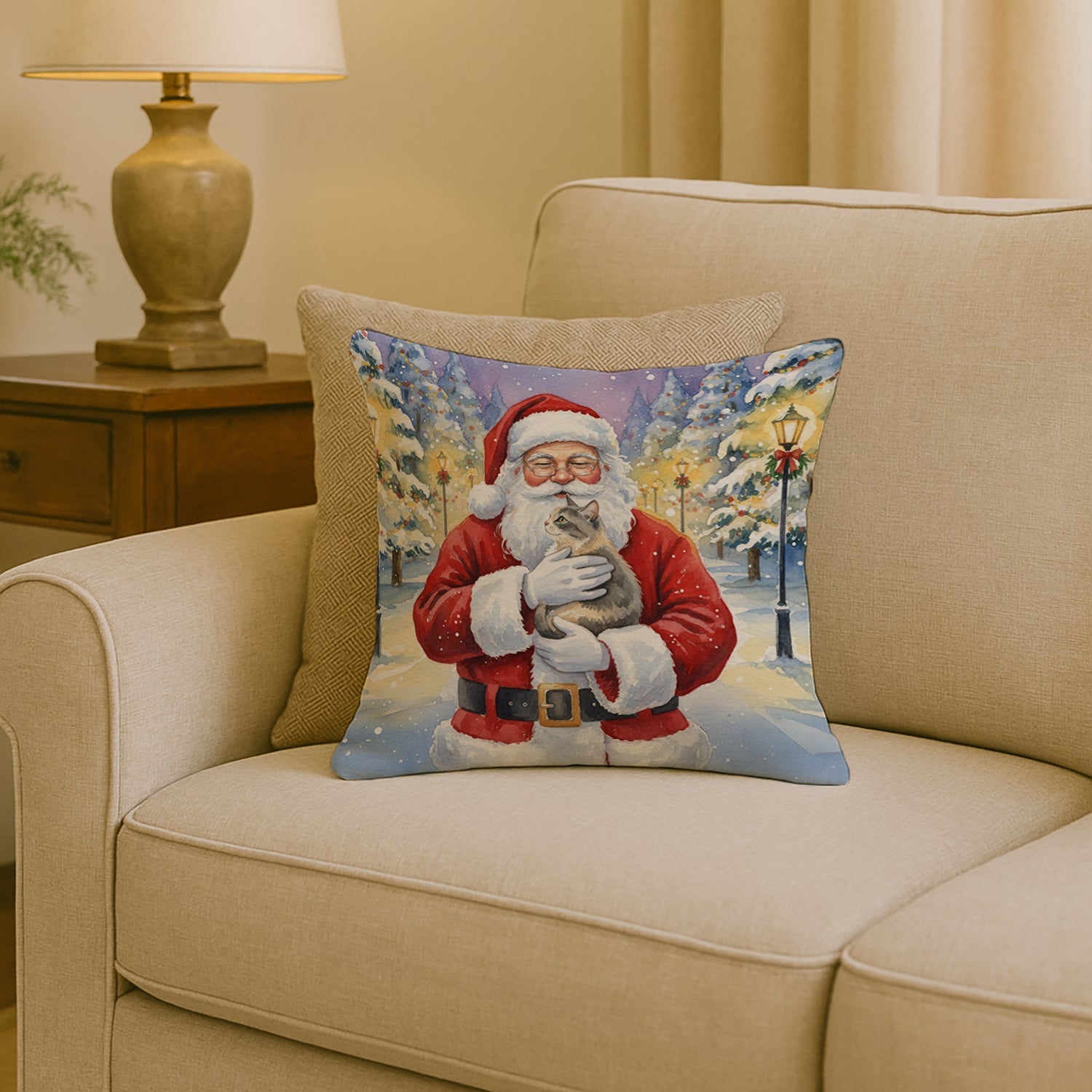Dilute Tortoiseshell Cat with Santa Claus Decorative Throw Pillow 18x18 Indoor Outdoor Accent Cushion, Fabric Cover with Insert for Sofa, Bed, Porch & Living Room