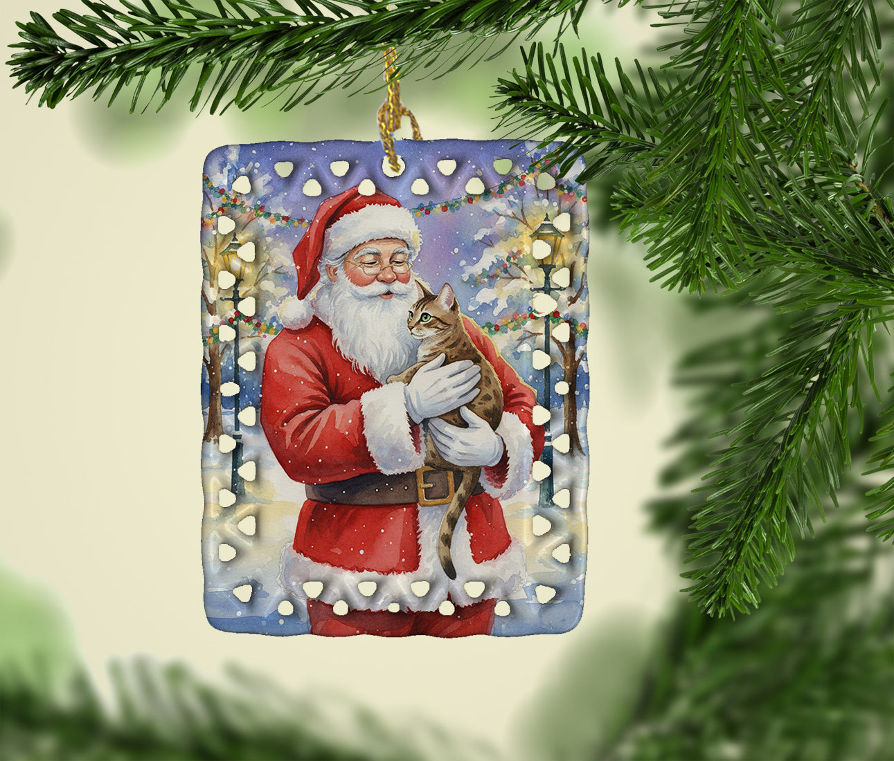 Egyptian Mau Cat with Santa Claus Porcelain Ornament Christmas Tree Hanging Decorations for Home Christmas Holiday, Rectangle, Gift, Multicolor