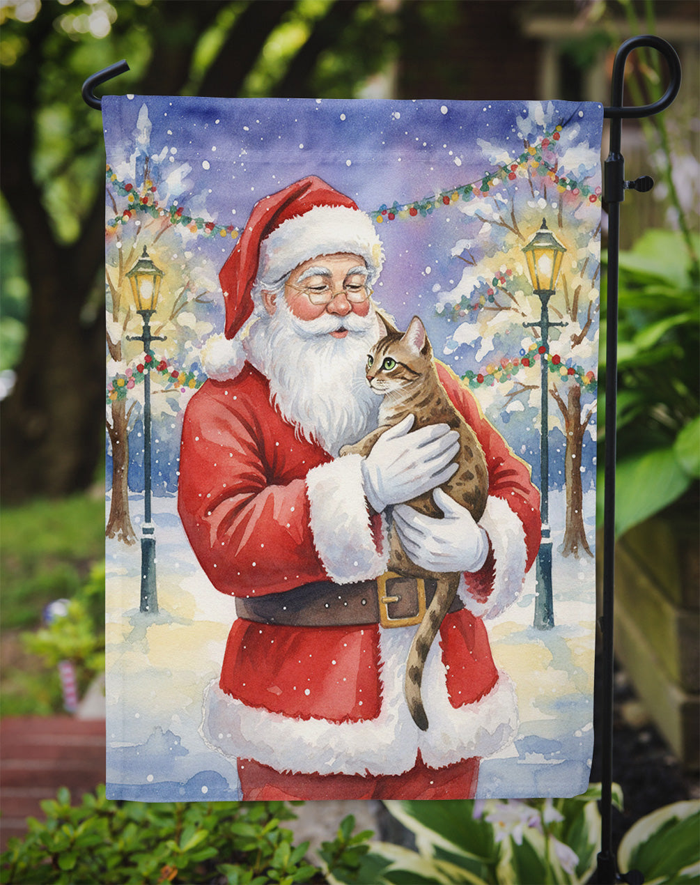 Egyptian Mau Cat with Santa Claus Garden Flag Mailbox Decorative Yard Banner Outside Patio Artwork for Flower Beds, Garden Size, Multicolor
