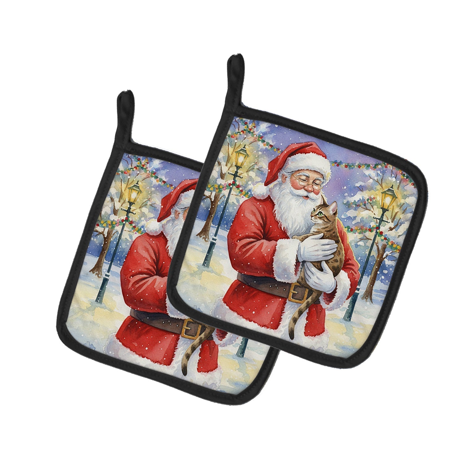Egyptian Mau Cat with Santa Claus Pot Holder Set of 2 Heat Resistant Quilted Hot Pads 7.5 x 7.5 Inch, Insulated Kitchen Trivets for Cooking & Baking