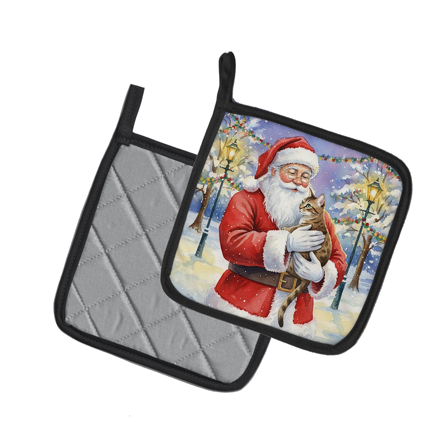 Egyptian Mau Cat with Santa Claus Pot Holder Set of 2 Heat Resistant Quilted Hot Pads 7.5 x 7.5 Inch, Insulated Kitchen Trivets for Cooking & Baking