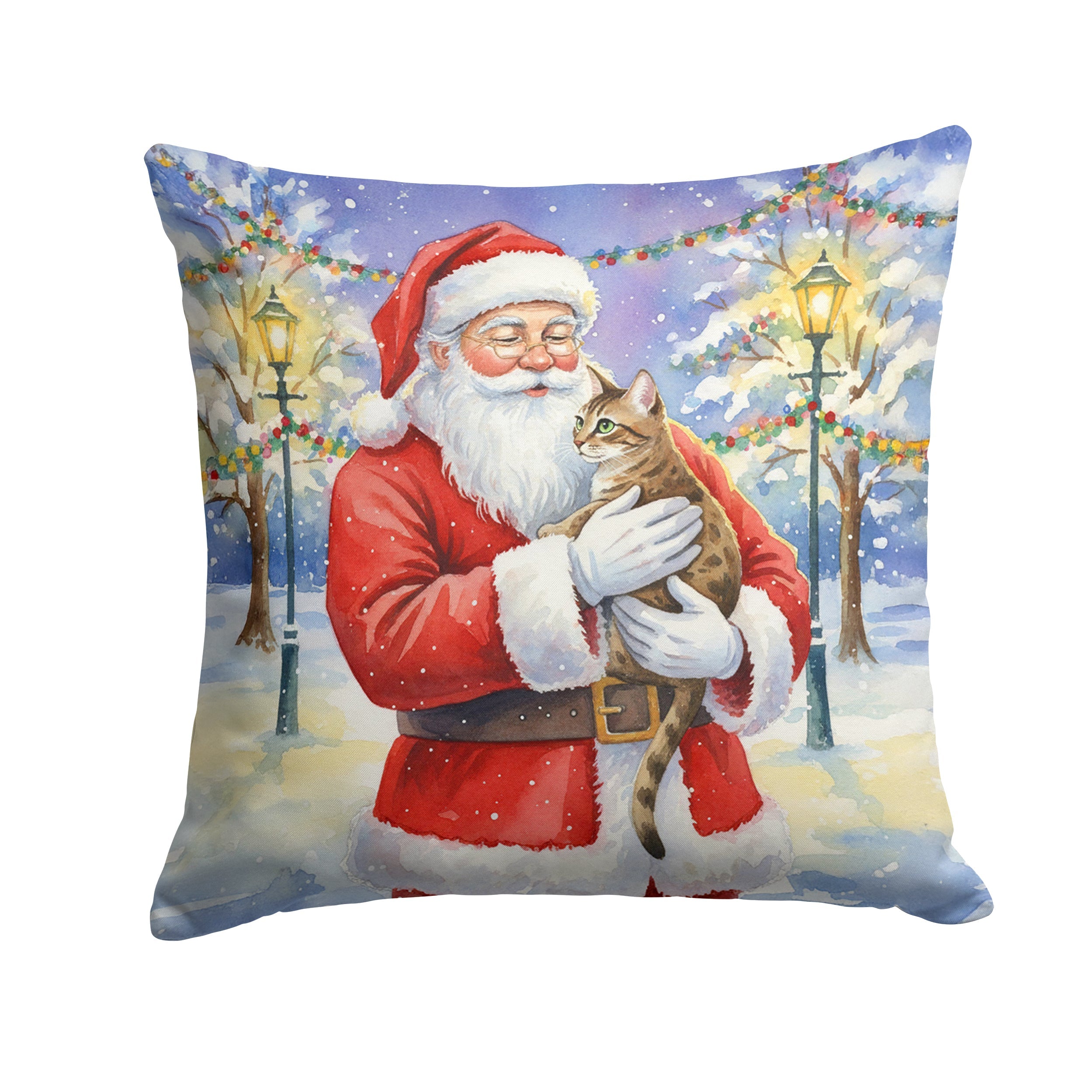 Egyptian Mau Cat with Santa Claus Decorative Throw Pillow 14x14 Indoor Outdoor Accent Cushion, Fabric Cover with Insert for Sofa, Bed, Porch & Living Room