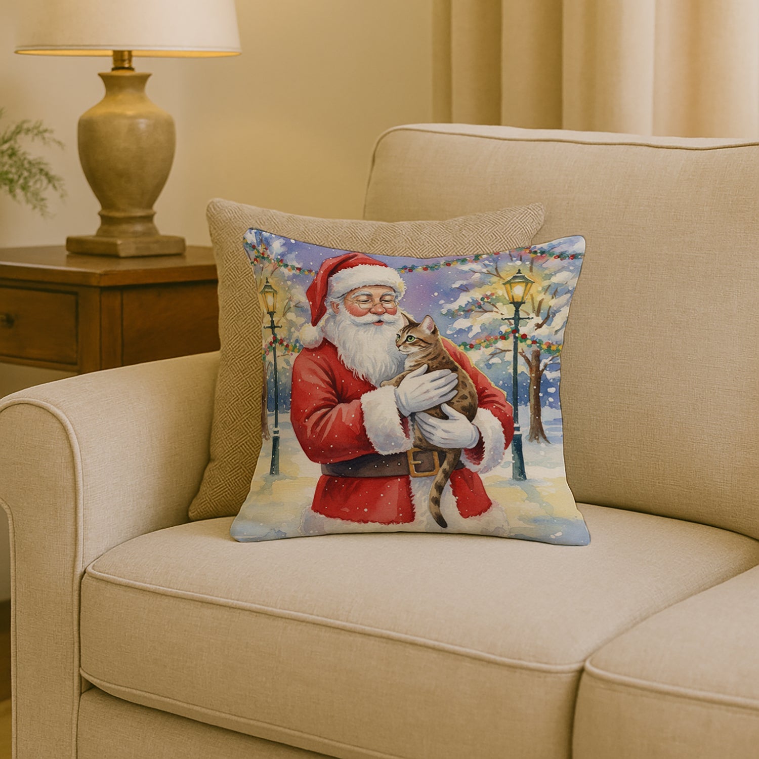 Egyptian Mau Cat with Santa Claus Decorative Throw Pillow 18x18 Indoor Outdoor Accent Cushion, Fabric Cover with Insert for Sofa, Bed, Porch & Living Room
