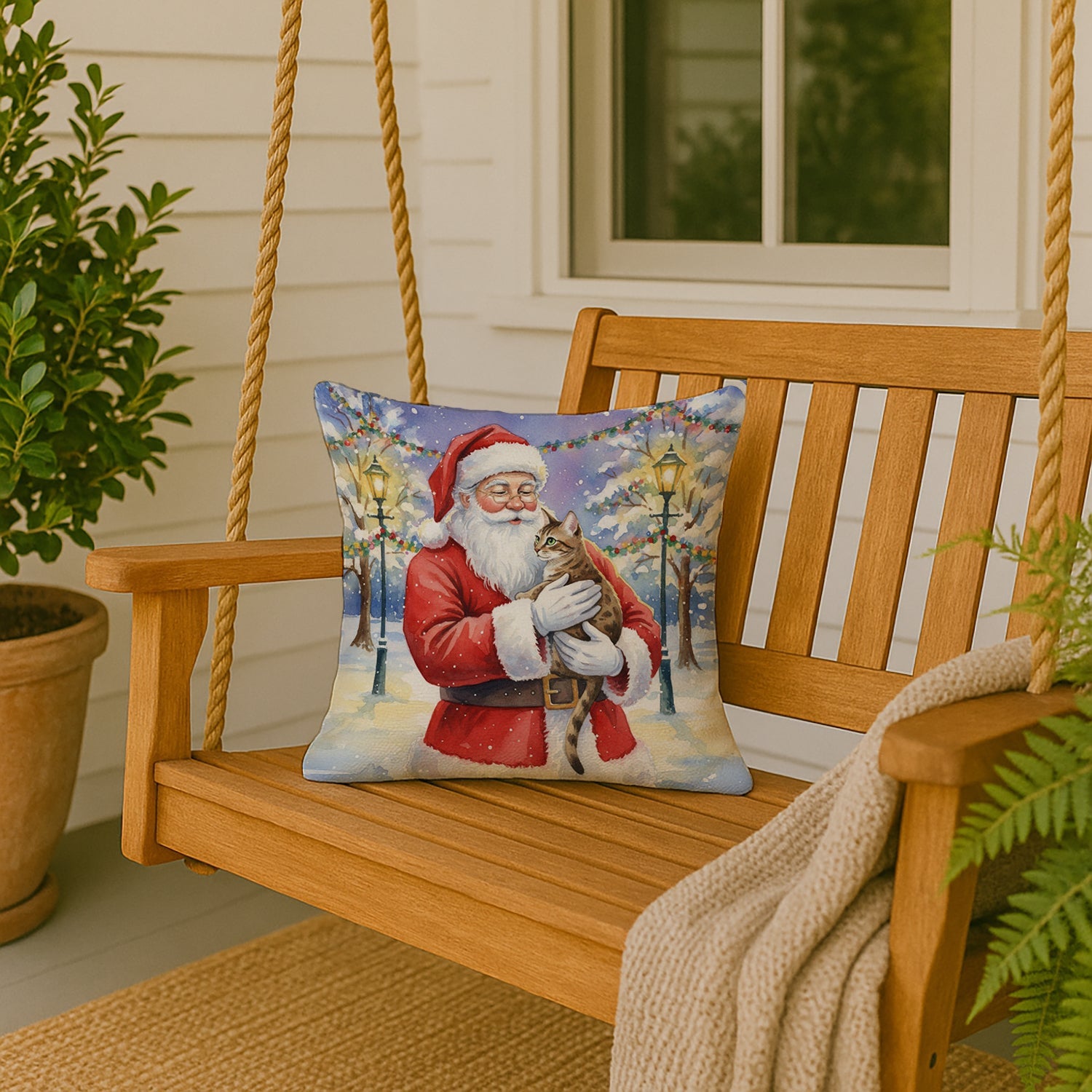 Egyptian Mau Cat with Santa Claus Decorative Throw Pillow 18x18 Indoor Outdoor Accent Cushion, Fabric Cover with Insert for Sofa, Bed, Porch & Living Room