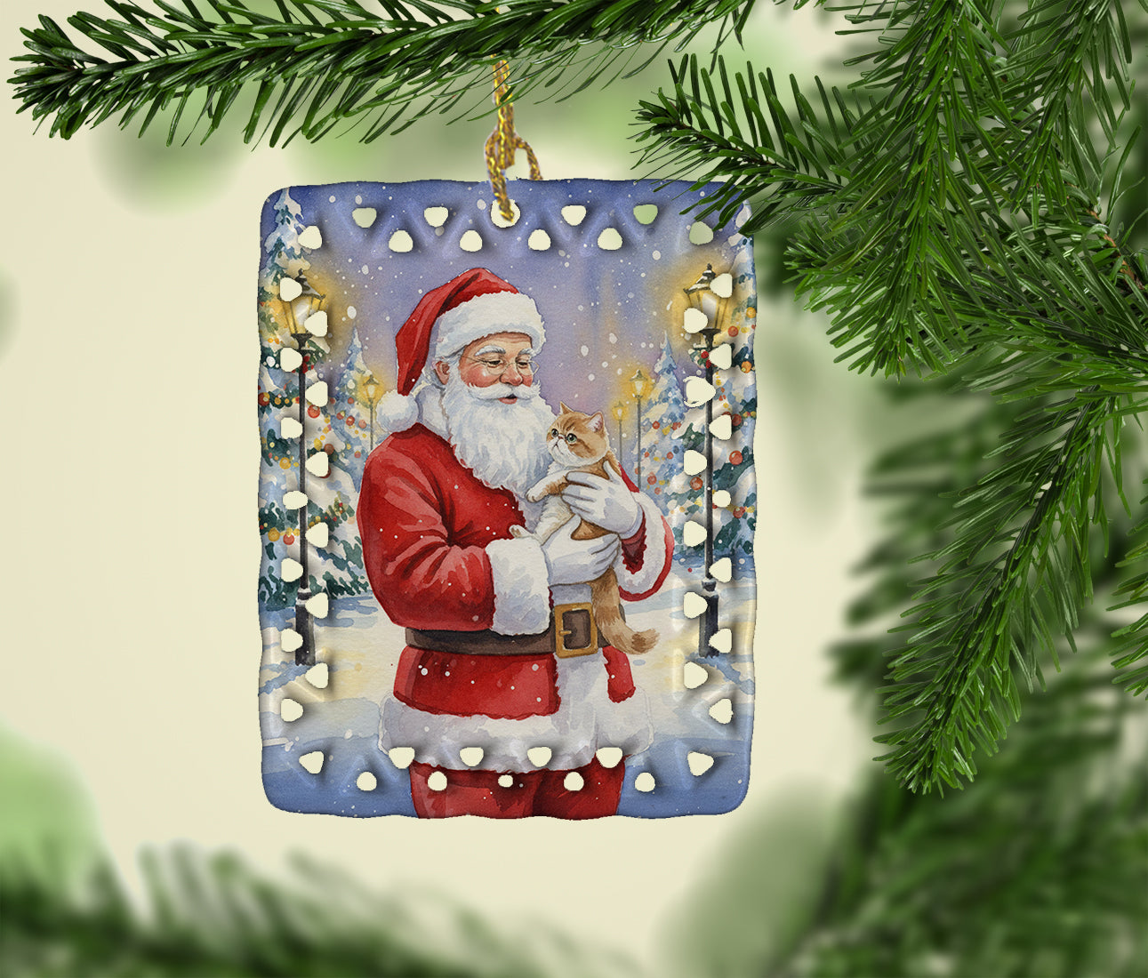 Exotic Shorthair Cat with Santa Claus Porcelain Ornament Christmas Tree Hanging Decorations for Home Christmas Holiday, Rectangle, Gift, Multicolor