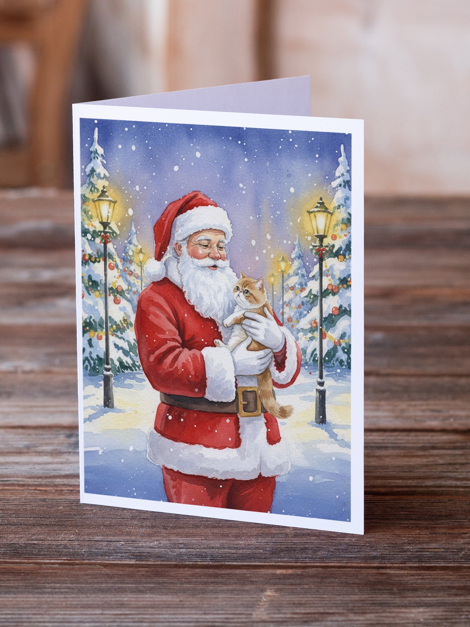 Exotic Shorthair Cat with Santa Claus Greeting Cards Pack of 8 Blank Cards with Envelopes Whimsical A7 Size 5x7