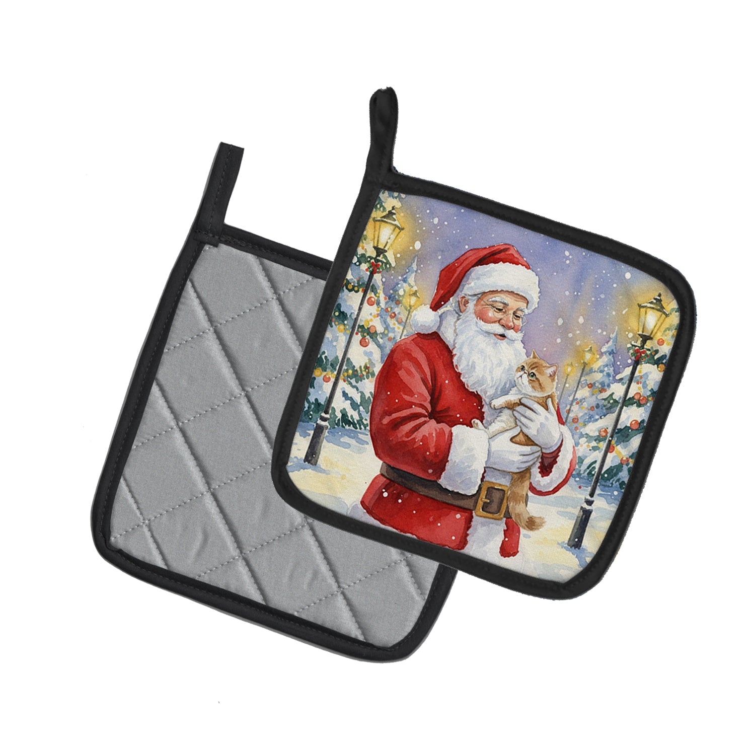 Exotic Shorthair Cat with Santa Claus Pot Holder Set of 2 Heat Resistant Quilted Hot Pads 7.5 x 7.5 Inch, Insulated Kitchen Trivets for Cooking & Baking