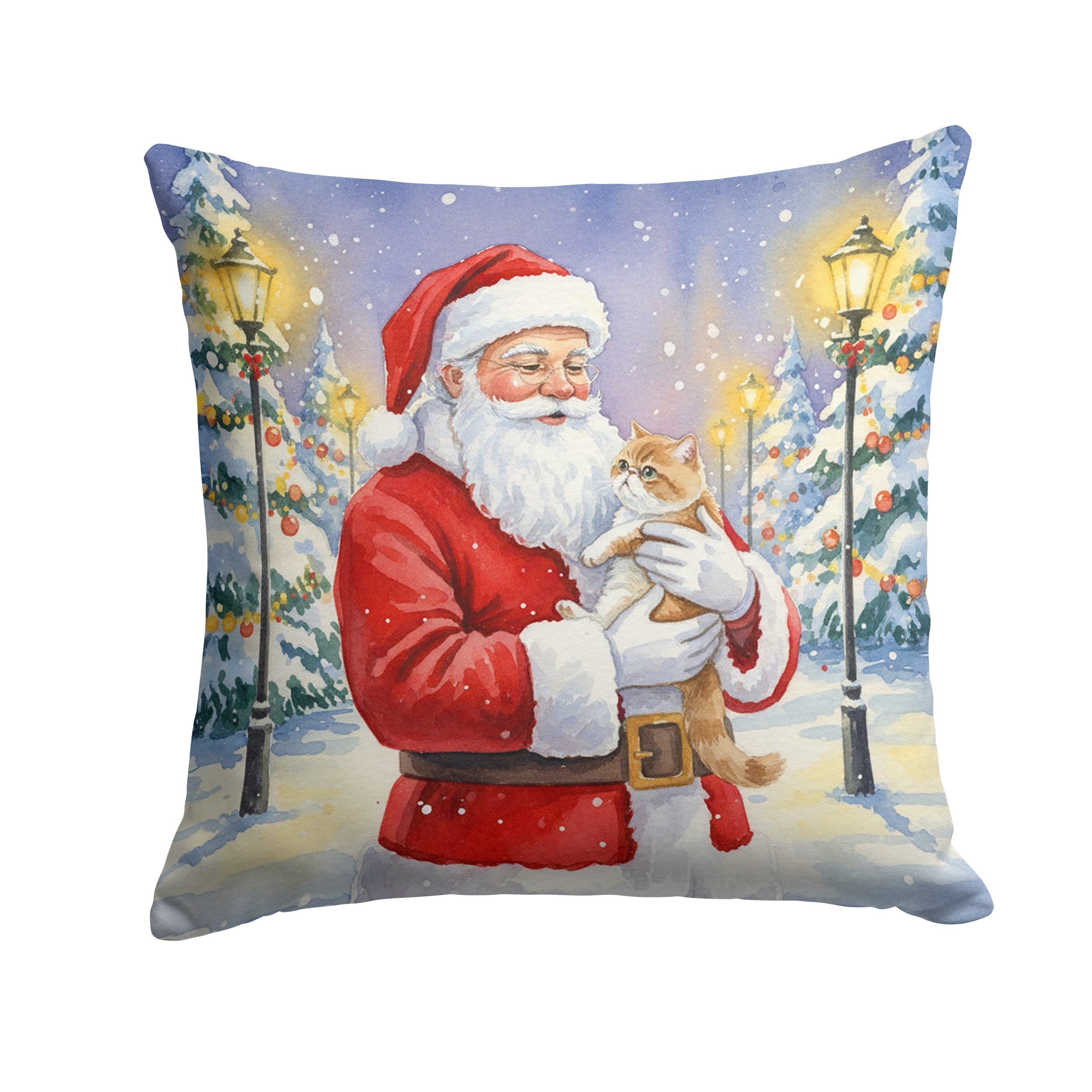 Exotic Shorthair Cat with Santa Claus Decorative Throw Pillow 14x14 Indoor Outdoor Accent Cushion, Fabric Cover with Insert for Sofa, Bed, Porch & Living Room