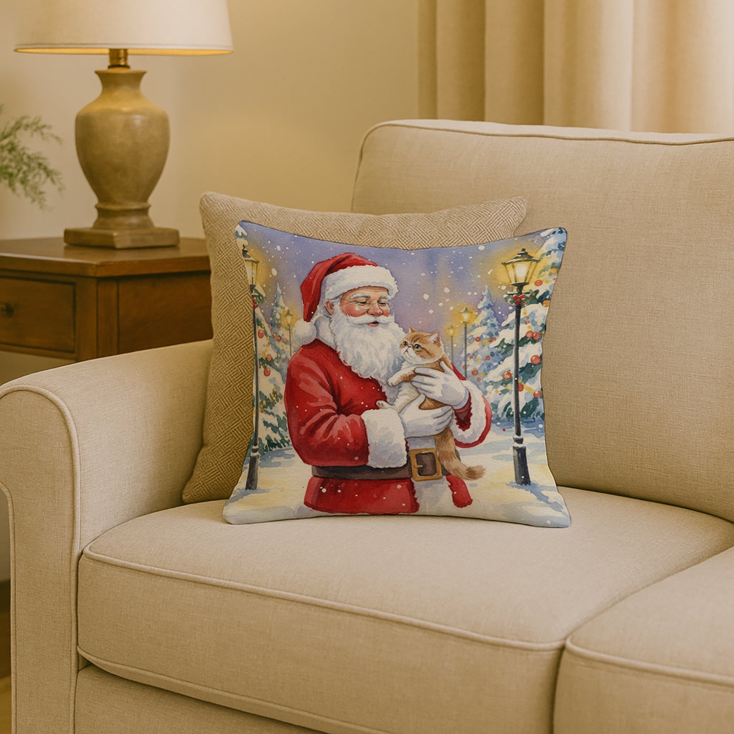 Exotic Shorthair Cat with Santa Claus Decorative Throw Pillow 18x18 Indoor Outdoor Accent Cushion, Fabric Cover with Insert for Sofa, Bed, Porch & Living Room