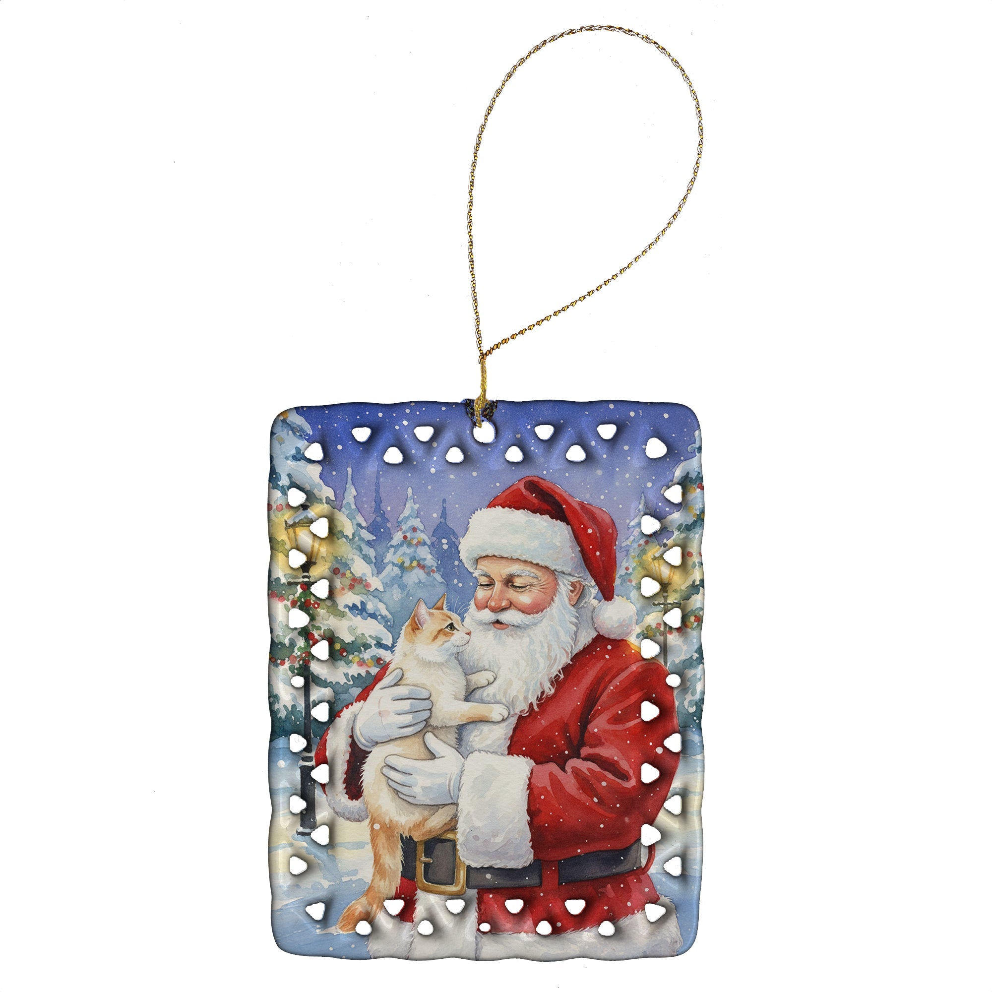 Flame Point Cat with Santa Claus Porcelain Ornament Christmas Tree Hanging Decorations for Home Christmas Holiday, Rectangle, Gift, Multicolor