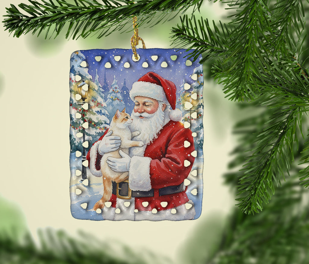 Flame Point Cat with Santa Claus Porcelain Ornament Christmas Tree Hanging Decorations for Home Christmas Holiday, Rectangle, Gift, Multicolor