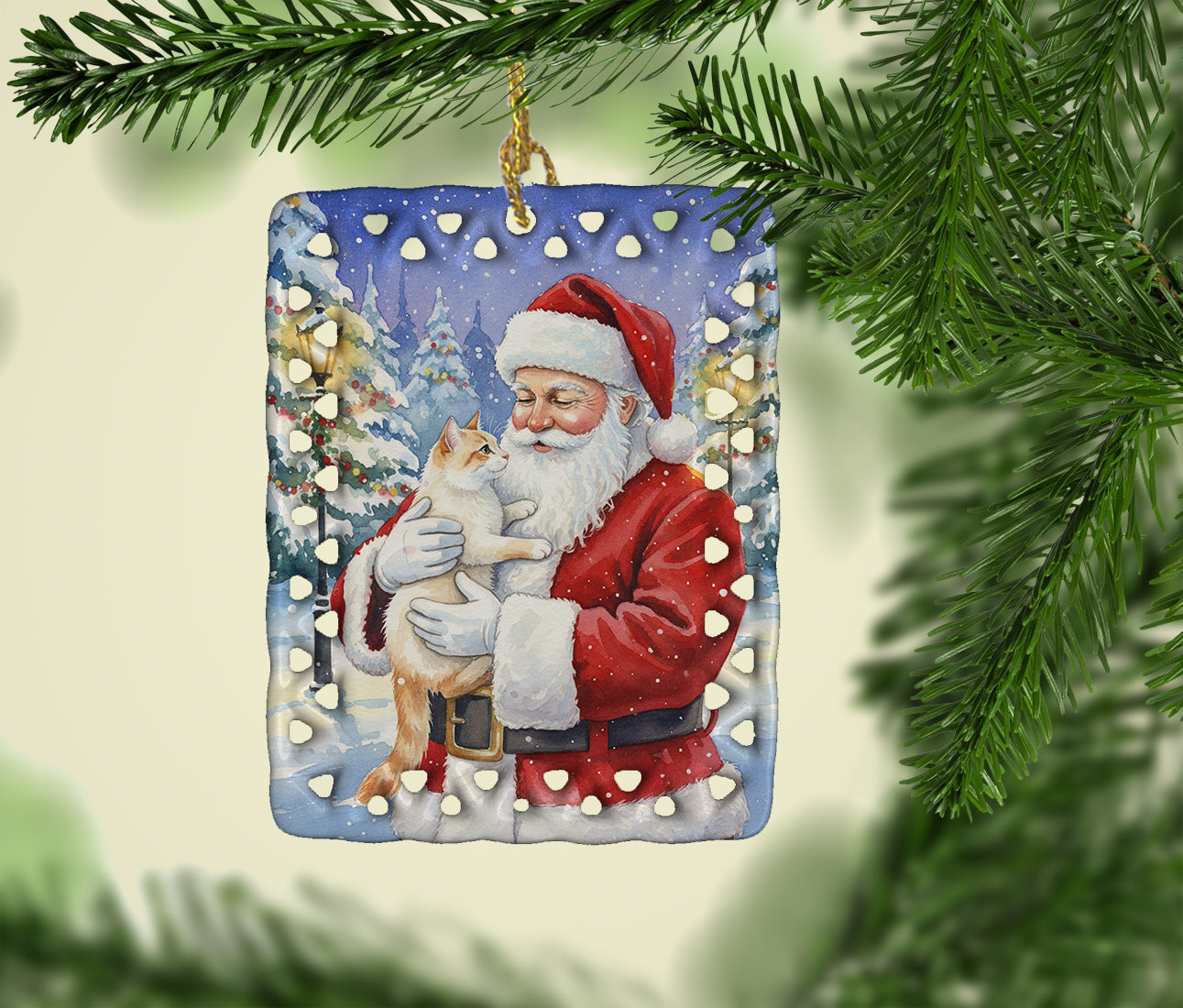 Flame Point Cat with Santa Claus Porcelain Ornament Christmas Tree Hanging Decorations for Home Christmas Holiday, Rectangle, Gift, Multicolor
