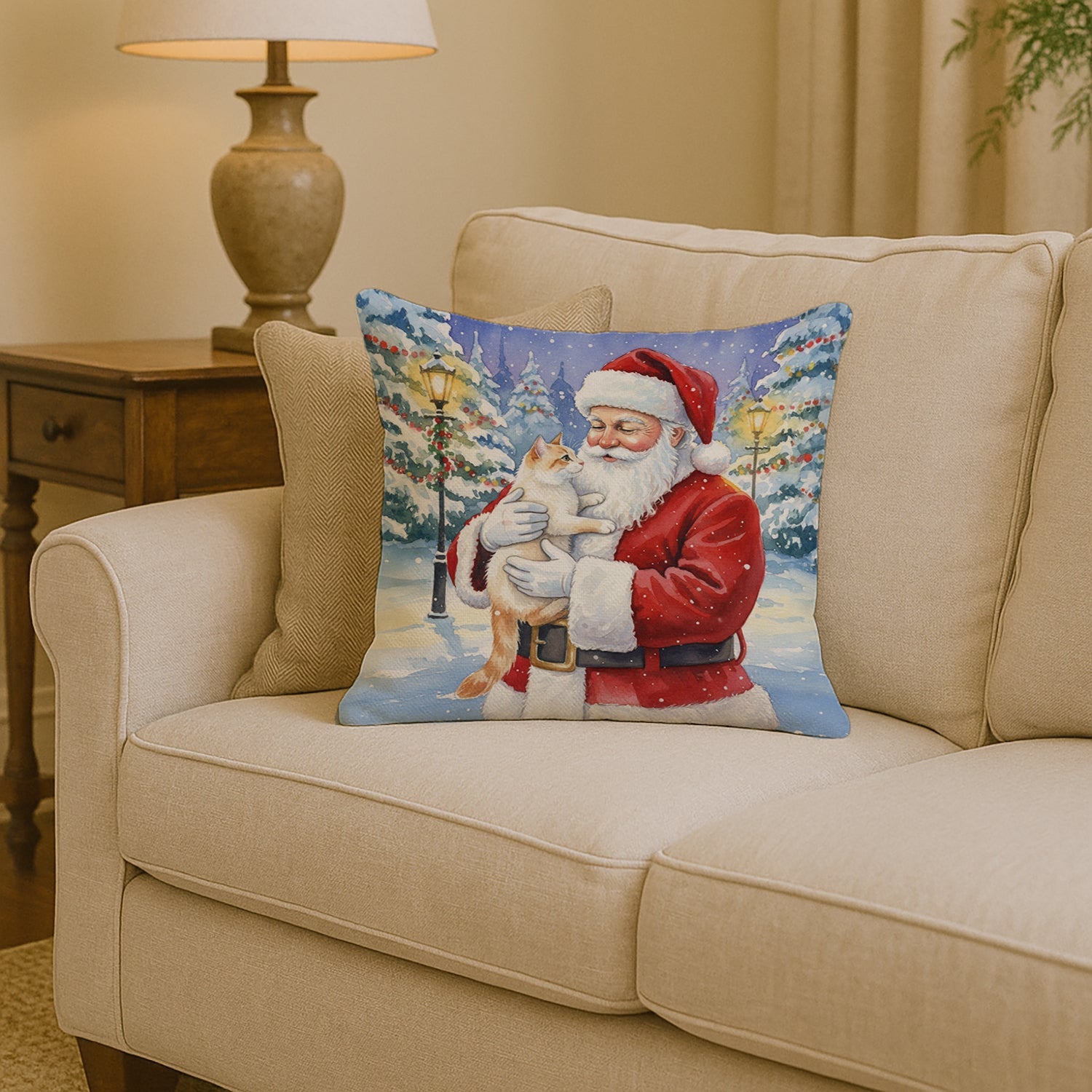 Flame Point Cat with Santa Claus Decorative Throw Pillow 14x14 Indoor Outdoor Accent Cushion, Fabric Cover with Insert for Sofa, Bed, Porch & Living Room