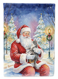 Gray and White Cat with Santa Claus House Flag 28x40 Porch Sleeve Pole Decorative Outside Yard Banner Artwork Wall Hanging, Polyester