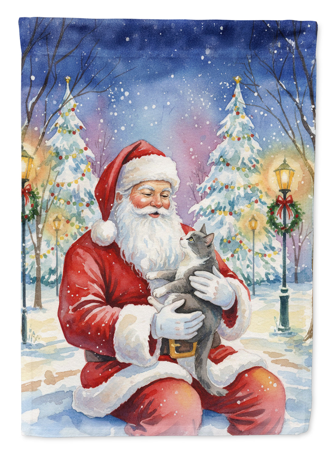 Gray and White Cat with Santa Claus House Flag 28x40 Porch Sleeve Pole Decorative Outside Yard Banner Artwork Wall Hanging, Polyester