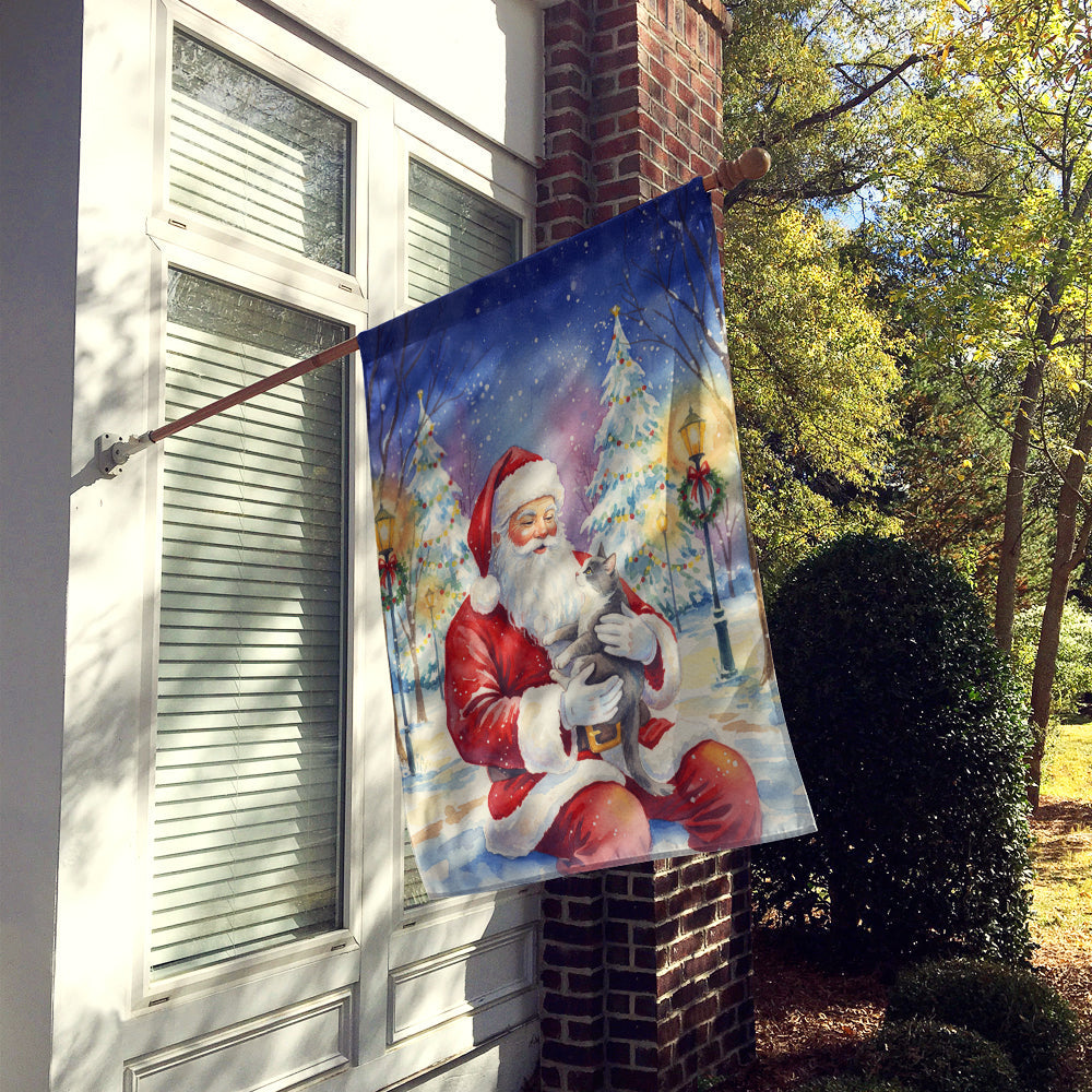 Gray and White Cat with Santa Claus House Flag 28x40 Porch Sleeve Pole Decorative Outside Yard Banner Artwork Wall Hanging, Polyester
