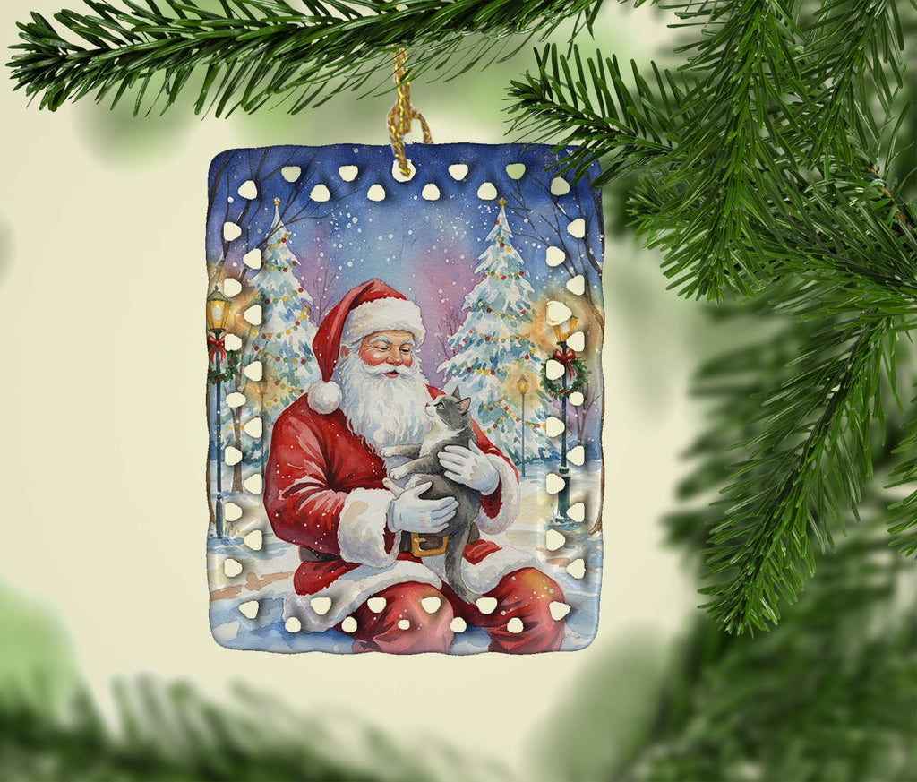 Gray and White Cat with Santa Claus Porcelain Ornament Christmas Tree Hanging Decorations for Home Christmas Holiday, Rectangle, Gift, Multicolor