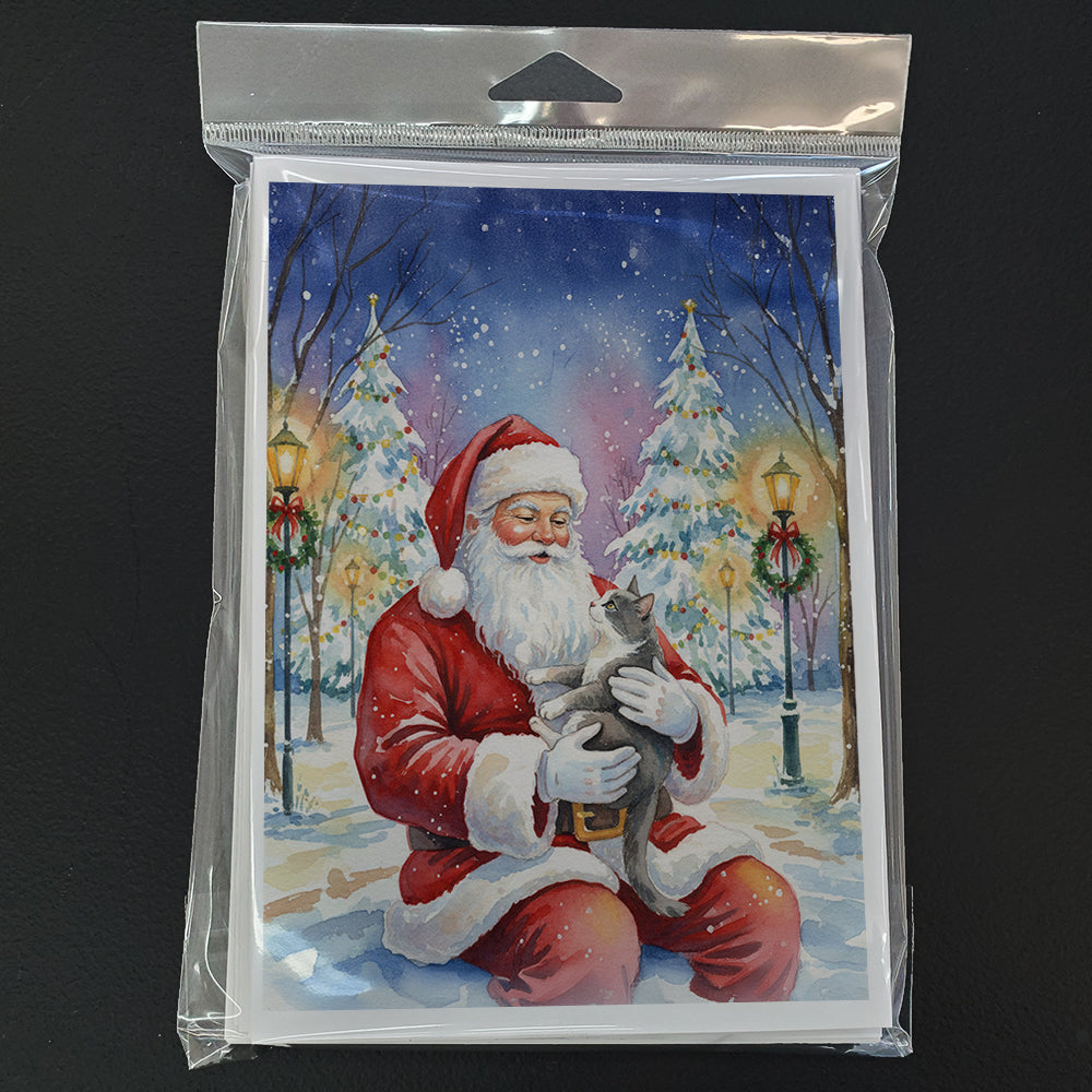 Gray and White Cat with Santa Claus Greeting Cards Pack of 8 Blank Cards with Envelopes Whimsical A7 Size 5x7