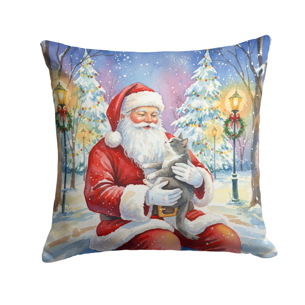 Gray and White Cat with Santa Claus Decorative Throw Pillow 14x14 Indoor Outdoor Accent Cushion, Fabric Cover with Insert for Sofa, Bed, Porch & Living Room