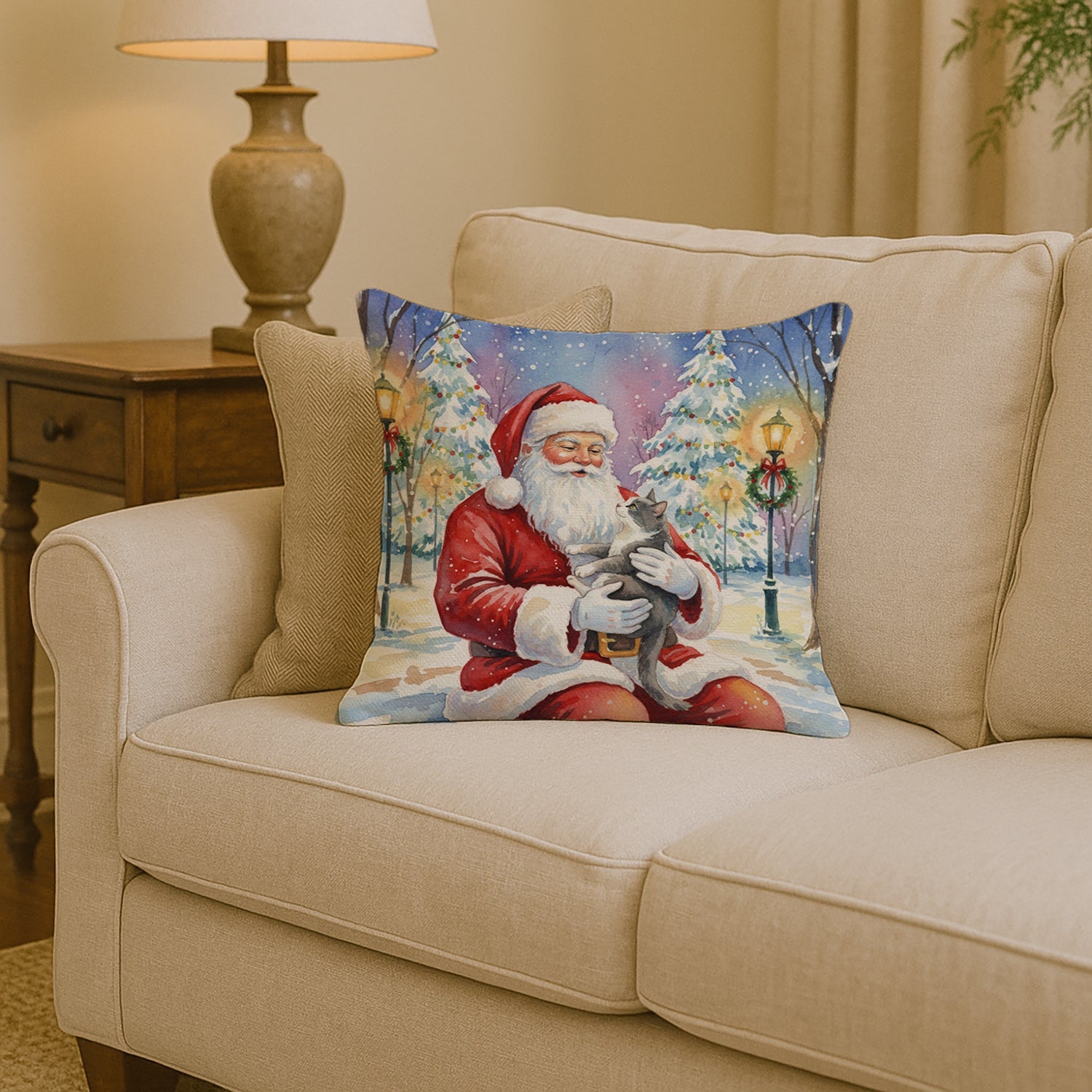Gray and White Cat with Santa Claus Decorative Throw Pillow 14x14 Indoor Outdoor Accent Cushion, Fabric Cover with Insert for Sofa, Bed, Porch & Living Room