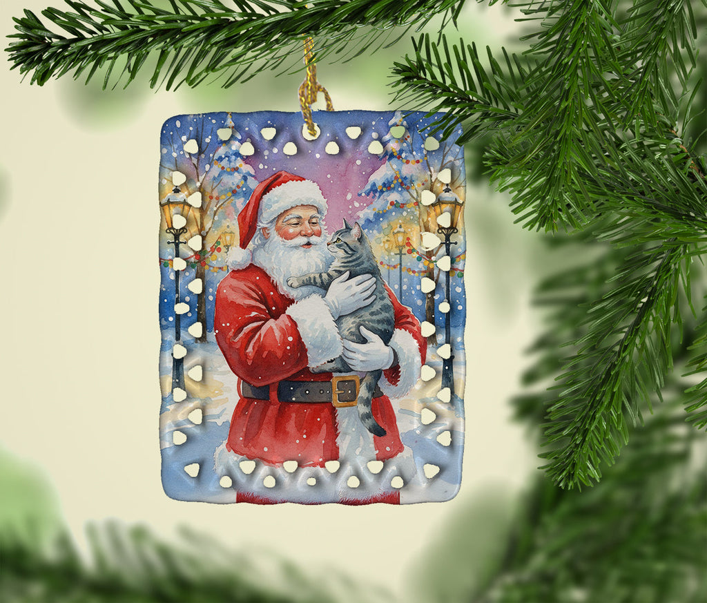 Gray Mackerel Tabby Cat with Santa Claus Porcelain Ornament Christmas Tree Hanging Decorations for Home Christmas Holiday, Rectangle, Gift, Multicolor