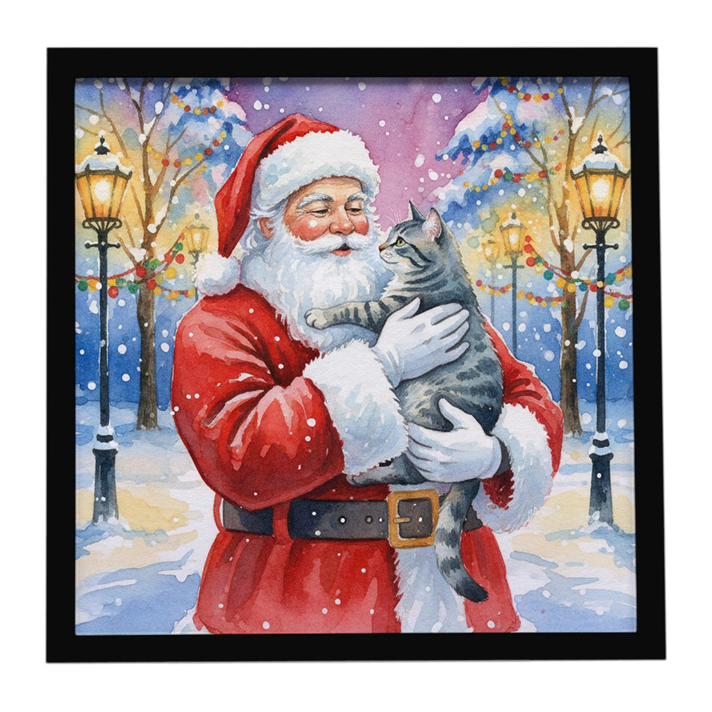 Gray Mackerel Tabby Cat with Santa Claus Framed Metal Print Bathroom, Kitchen, Office, Home Decor Wall Art Ready to Hang, Square, 8X8