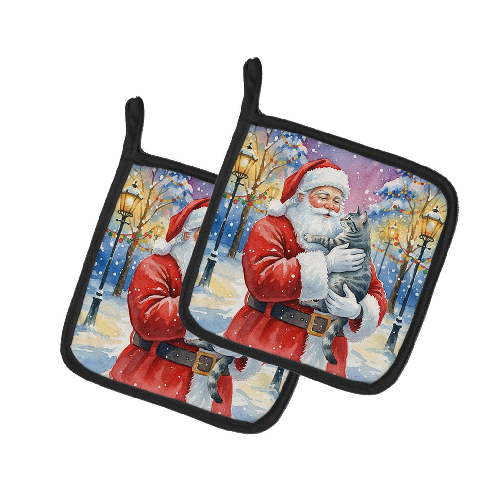 Gray Mackerel Tabby Cat with Santa Claus Pot Holder Set of 2 Heat Resistant Quilted Hot Pads 7.5 x 7.5 Inch, Insulated Kitchen Trivets for Cooking & Baking