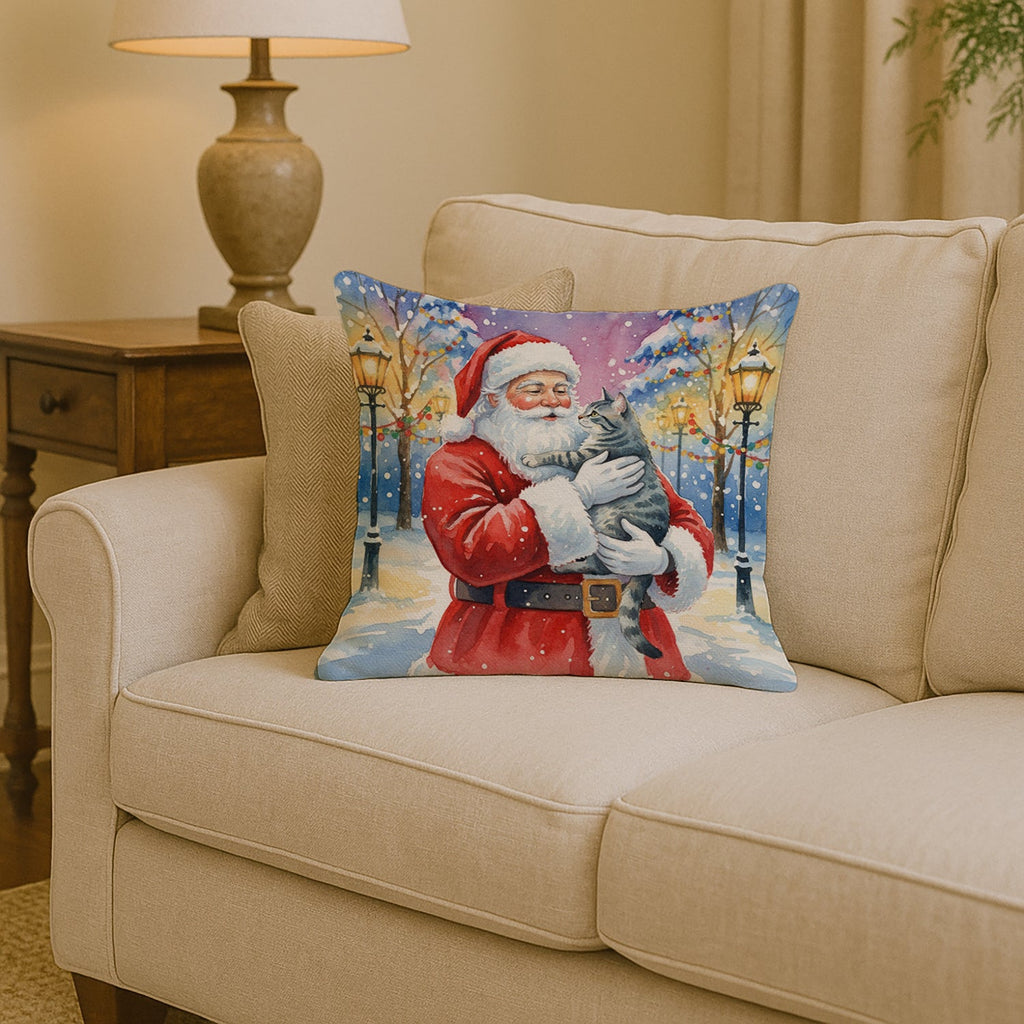 Gray Mackerel Tabby Cat with Santa Claus Decorative Throw Pillow 14x14 Indoor Outdoor Accent Cushion, Fabric Cover with Insert for Sofa, Bed, Porch & Living Room