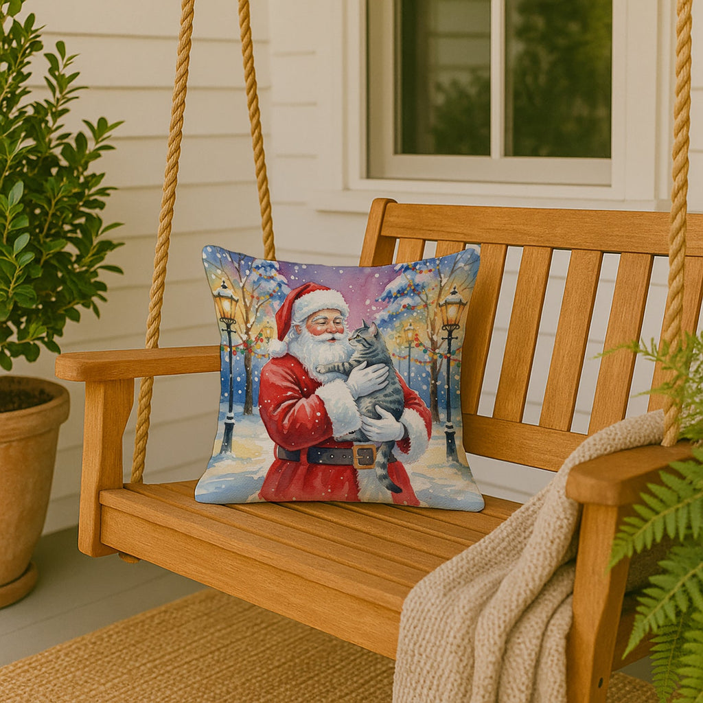 Gray Mackerel Tabby Cat with Santa Claus Decorative Throw Pillow 18x18 Indoor Outdoor Accent Cushion, Fabric Cover with Insert for Sofa, Bed, Porch & Living Room