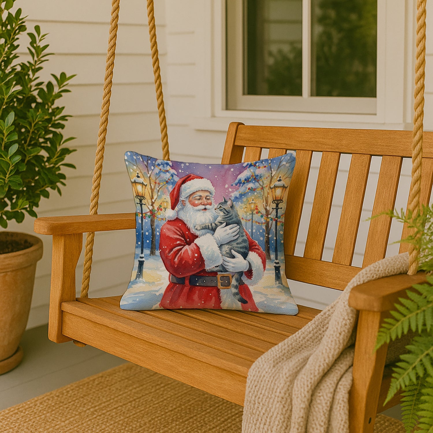 Gray Mackerel Tabby Cat with Santa Claus Decorative Throw Pillow 18x18 Indoor Outdoor Accent Cushion, Fabric Cover with Insert for Sofa, Bed, Porch & Living Room