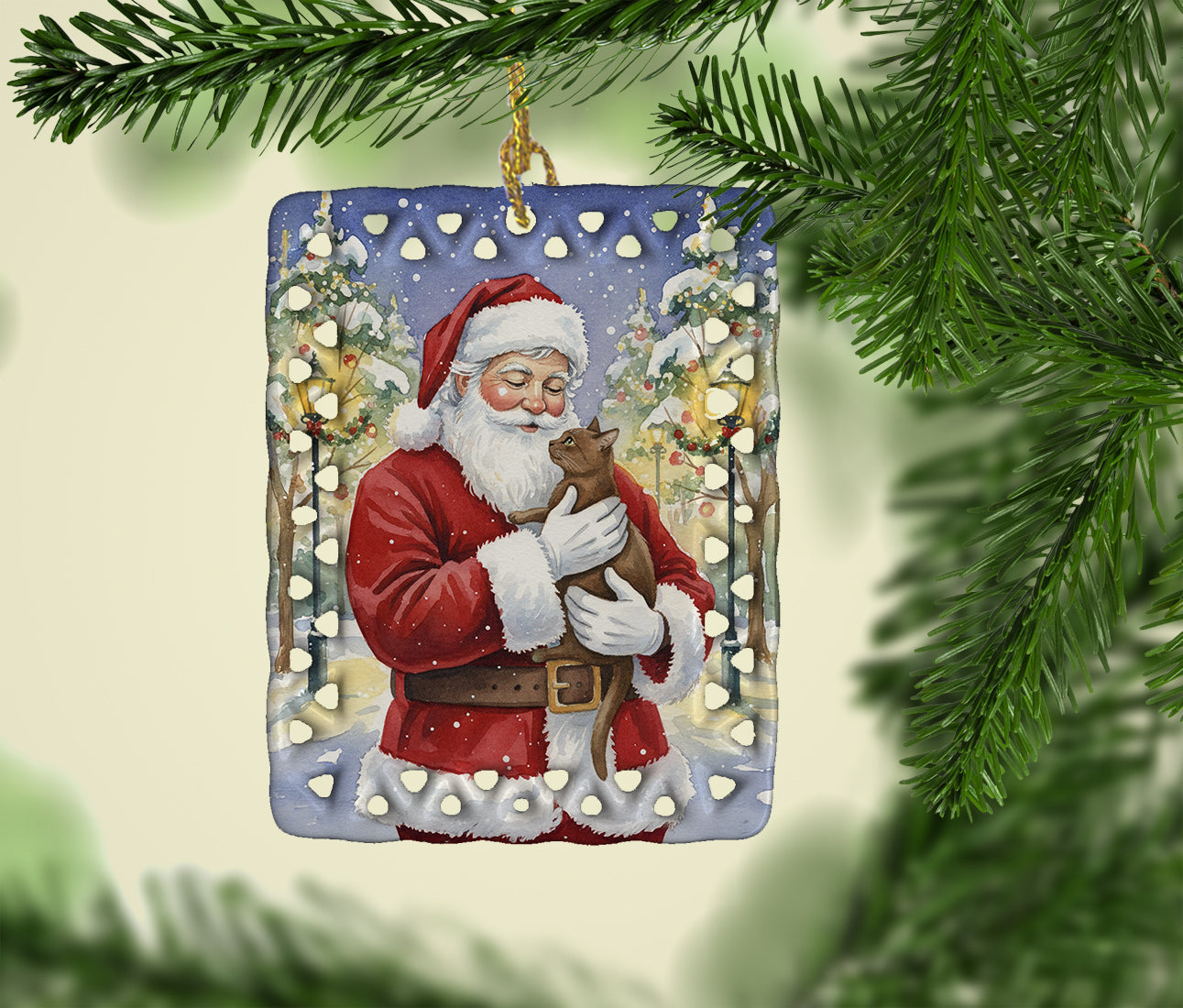 Havana Cat with Santa Claus Porcelain Ornament Christmas Tree Hanging Decorations for Home Christmas Holiday, Rectangle, Gift, Multicolor