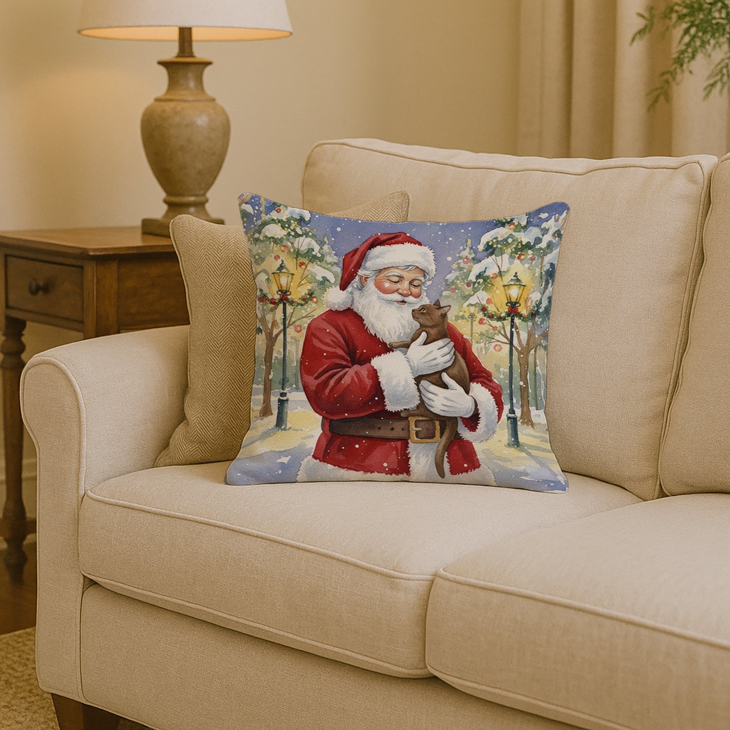 Havana Cat with Santa Claus Decorative Throw Pillow 14x14 Indoor Outdoor Accent Cushion, Fabric Cover with Insert for Sofa, Bed, Porch & Living Room